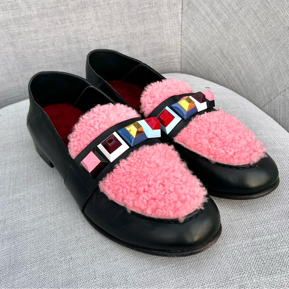 Fendi Black Loafers w/Pink Shearling and Jeweled Top & Faux Fur Lining 9.5